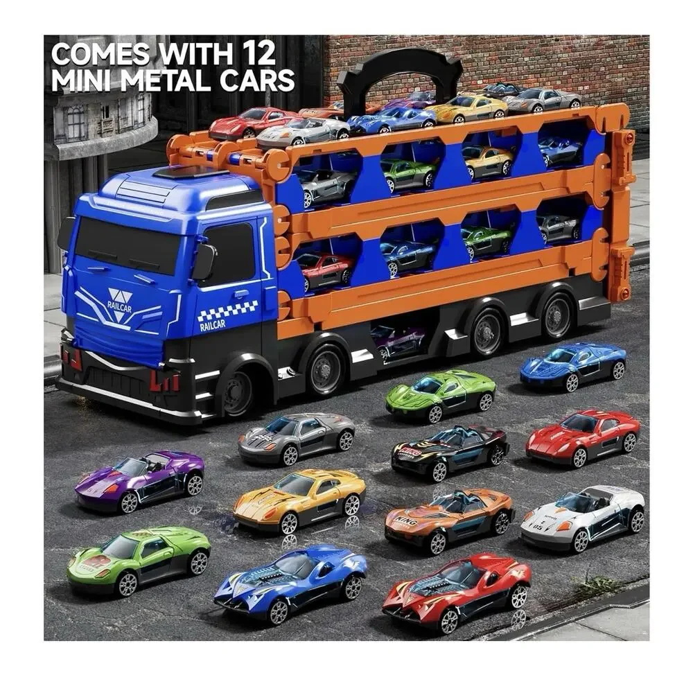 78 Inch Race Track Truck W/ 12 Metal Cars Foldable Carrier Toy Transport Vehicle
